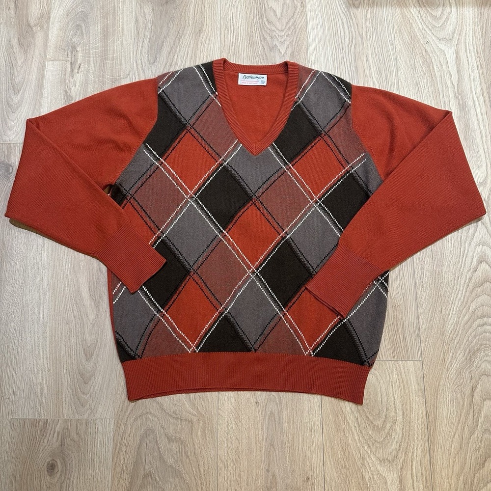 Ballantyne Cashmere Sweater Made In Scotland Men XL 48" Argyle Preppy Lux 1980's